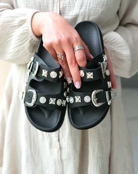 Black double strap mules with silver jewels