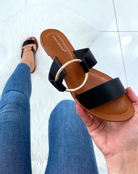 Black double strap mules with thin sole