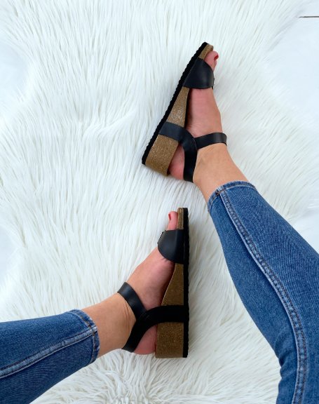 Black double strap wedge sandals