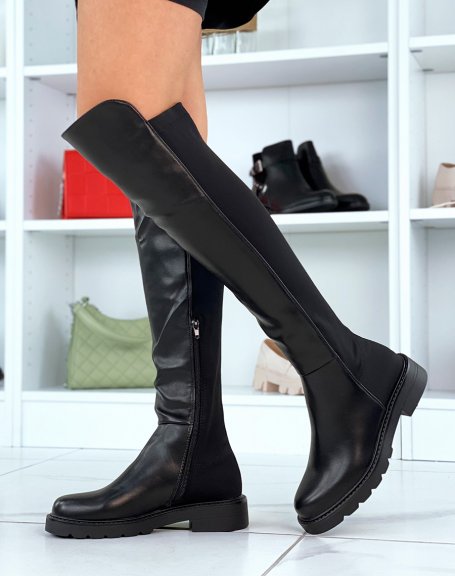 Black dual-material rider-style thigh-high boots