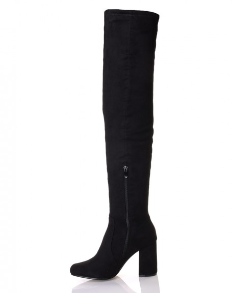 Black embroidered high heel thigh-high boots