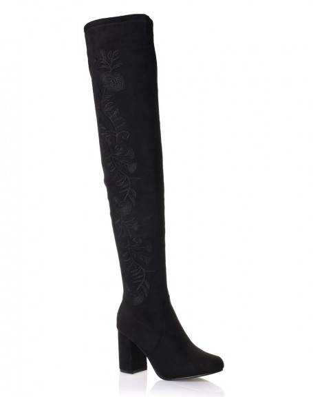 Black embroidered high heel thigh-high boots