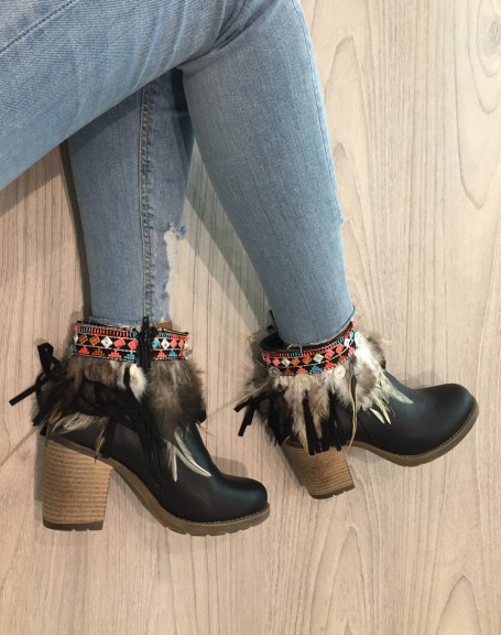 Black ethnic heeled ankle boots