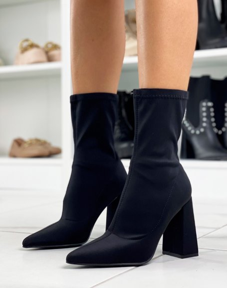 Black fabric heeled ankle boots with pointed toe