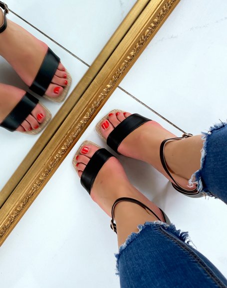 Black fabric heeled sandals