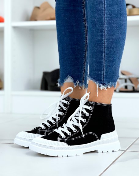 Black fabric high-top lace-up sneakers