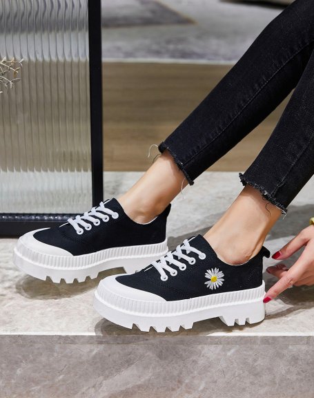 Black fabric sneakers with daisy and thick sole