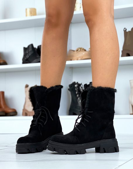 Black faux fur suede ankle boots