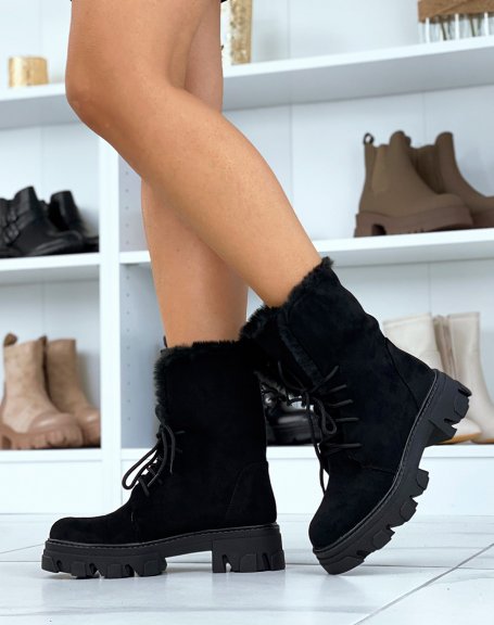 Black faux fur suede ankle boots