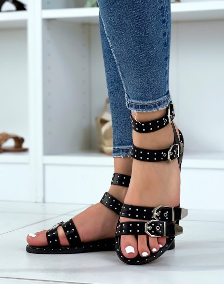 Black faux leather effect flat sandals with buckles