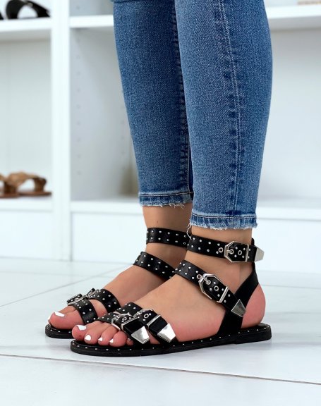 Black faux leather effect flat sandals with buckles