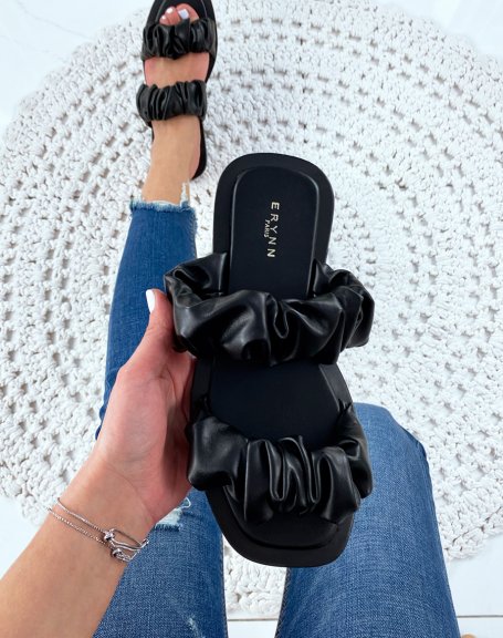 Black faux leather flat sandals
