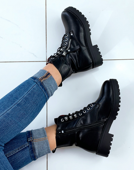 Black faux leather high ankle boots with lace up details and closures