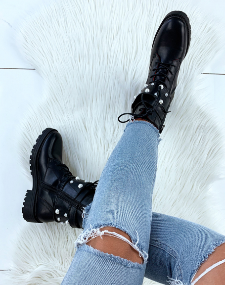 Black faux leather high-top ankle boots with laces and wide beaded straps