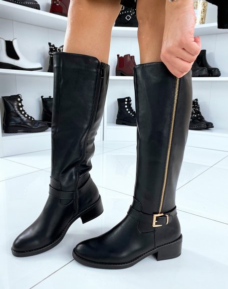 Black faux leather knee high boots with double closure