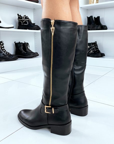 Black faux leather knee high boots with double closure
