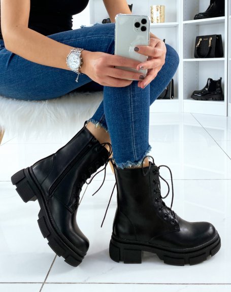 Black faux leather lace-up boots