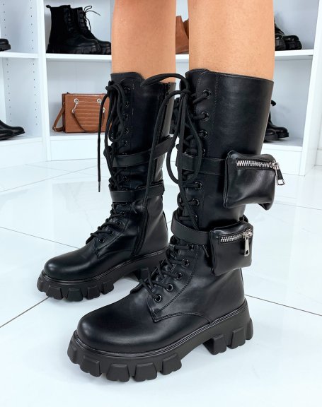 Black faux leather lace-up boots with integrated pockets