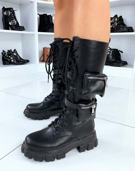 Black faux leather lace-up boots with integrated pockets
