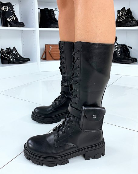Black faux leather lace-up boots with integrated pouch