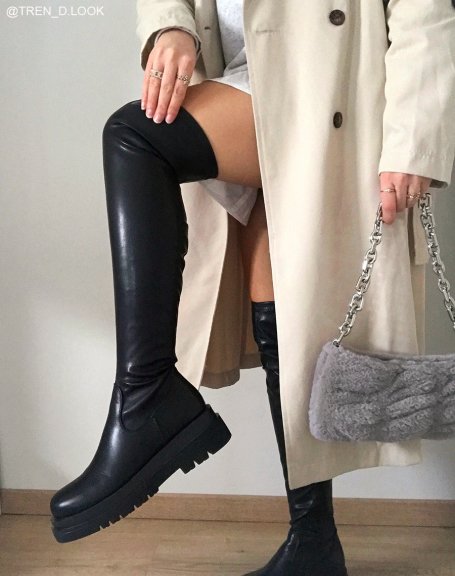 Black faux leather platform thigh-high boots