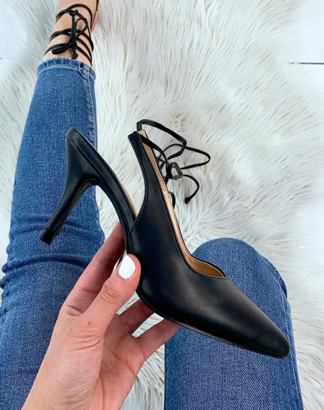 Black faux leather pumps open at the back