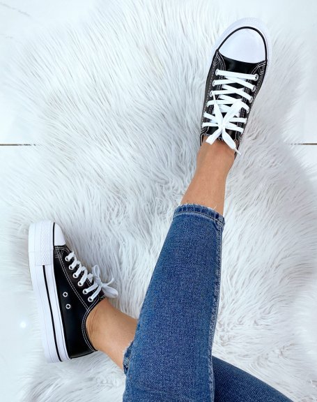 Black faux leather sneaker with large flat platform