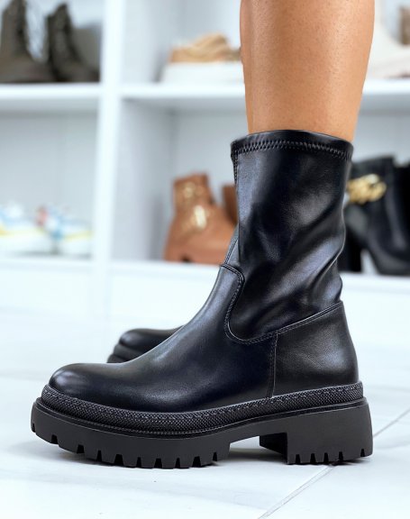 Black faux leather sock ankle boots