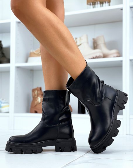 Black faux leather sock-effect ankle boots with notched sole