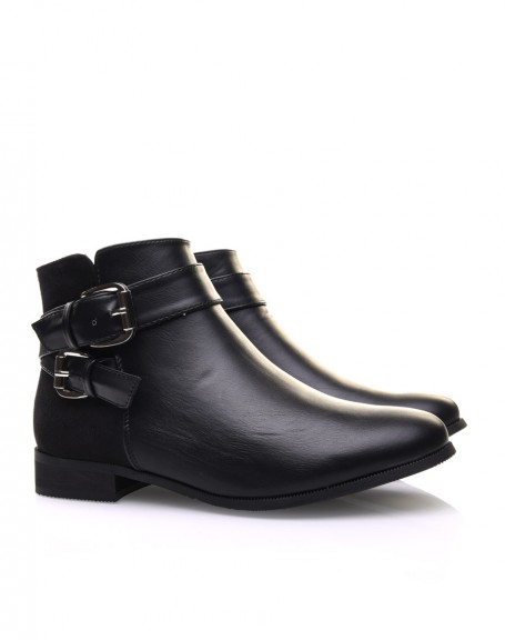 Black flat ankle boots with decorative straps