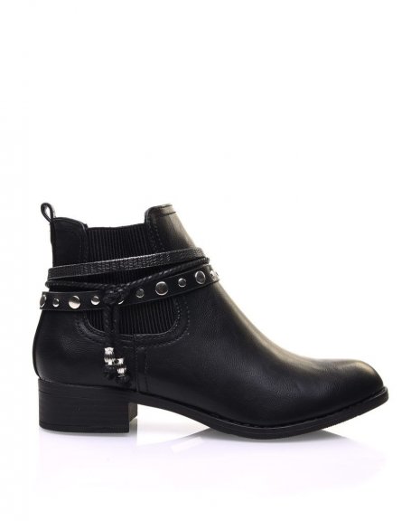 Black flat ankle boots with different straps
