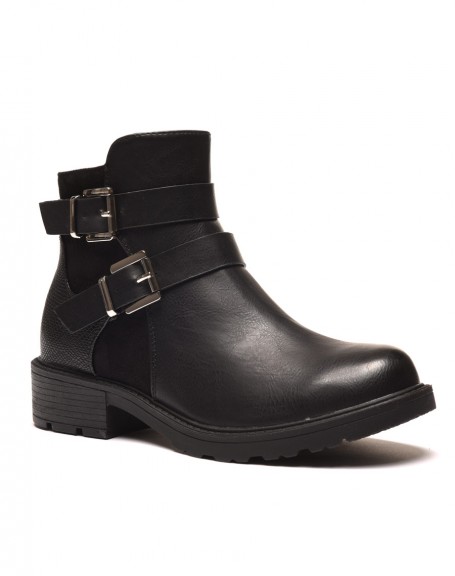 Black flat ankle boots with double straps