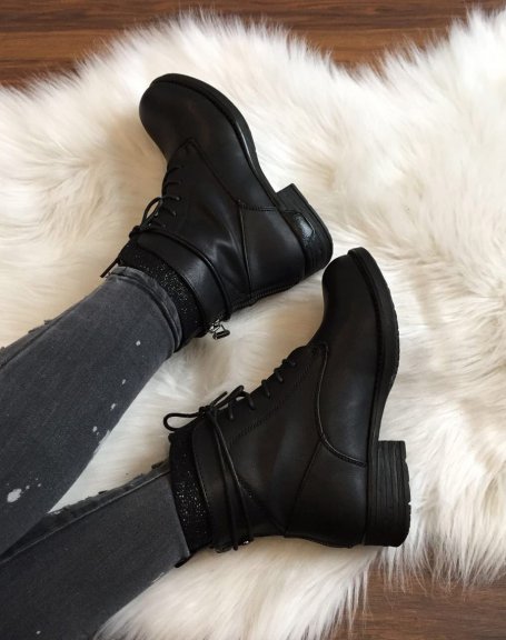 Black flat ankle boots with laces and glitter lining