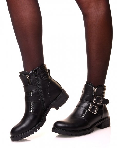 Black flat boots with multiple straps