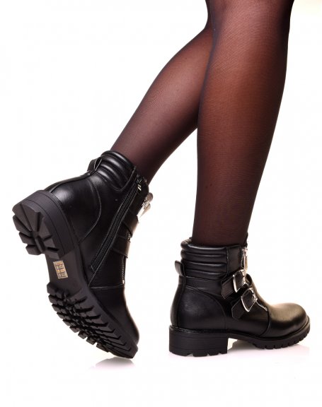 Black flat boots with multiple straps
