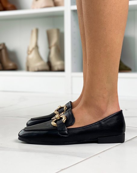 Black flat loafers with double golden buckles