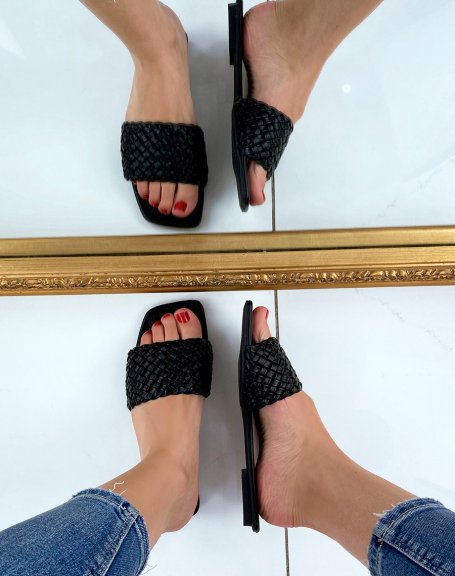 Black flat mules with braided strap and square toe