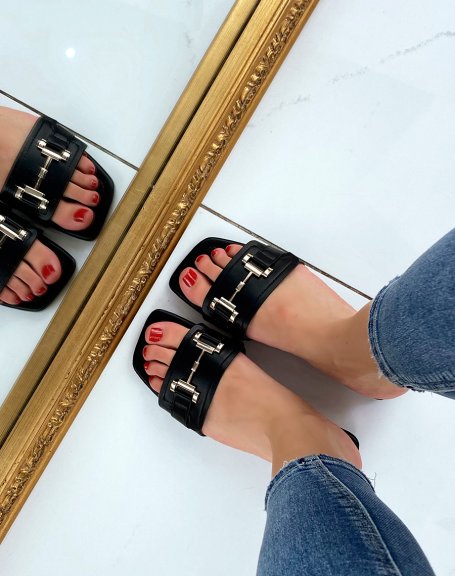 Black flat mules with gold ornament