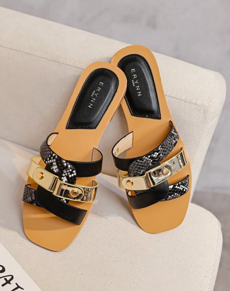 Black flat mules with interlocking straps and python and gold details