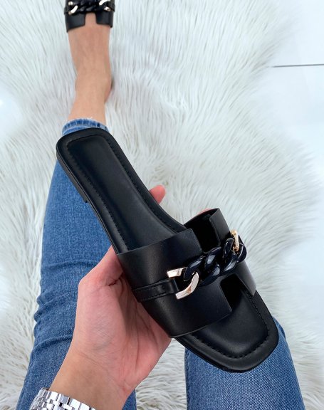 Black flat mules with silver and black chain