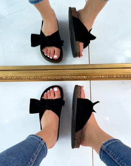 Black flat sandals with big bow