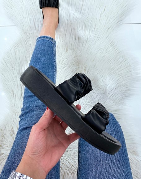 Black flat sandals with gathered straps