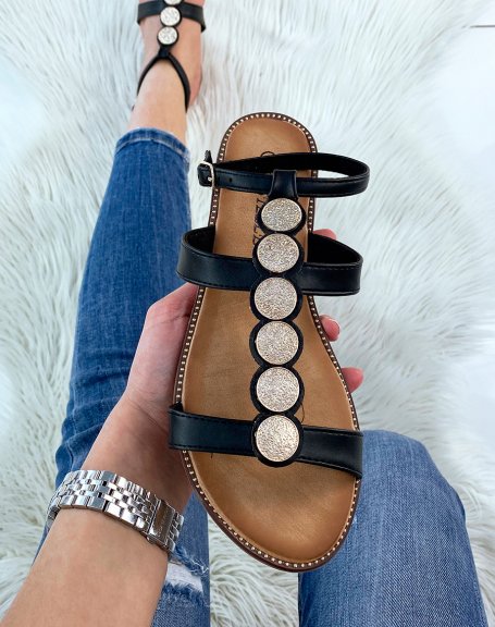 Black flat sandals with gold pieces