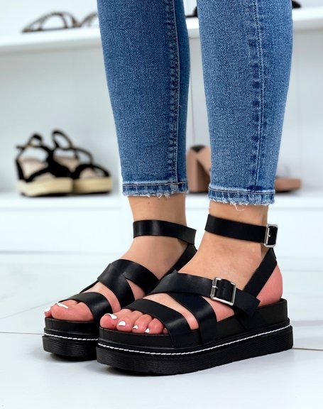 Black flat sandals with multiple adjustable straps