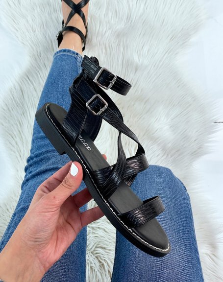 Black flat sandals with multiple straps