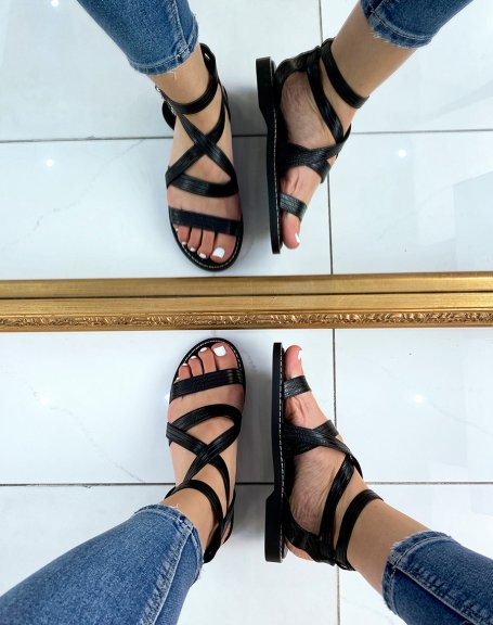 Black flat sandals with multiple straps