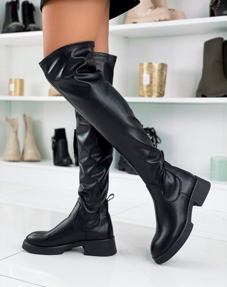Black flat thigh high boots with smooth platform