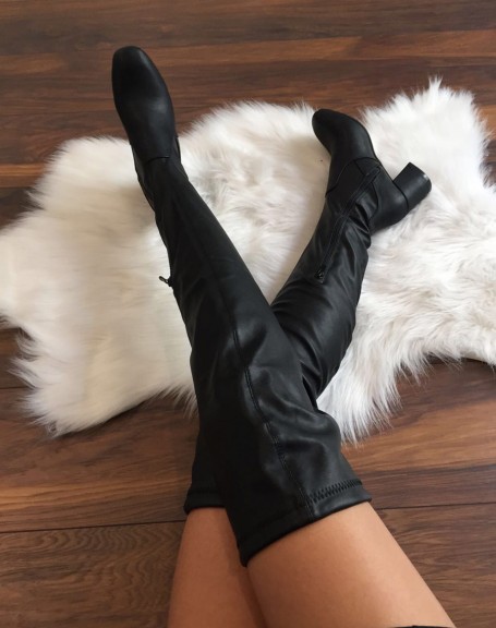 Black flexible thigh-high boots with mid heels