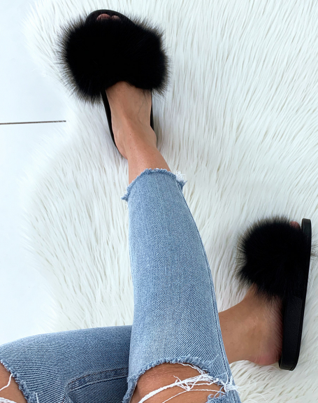 Black fur mules with chunky soles