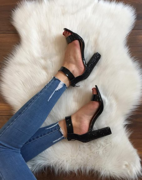 Black glitter heeled sandals